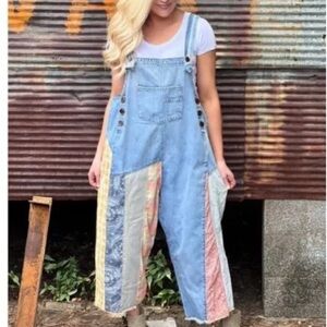EASEL Overalls “Only The Best" Oversized Denim W/Patchwork Details Size Medium